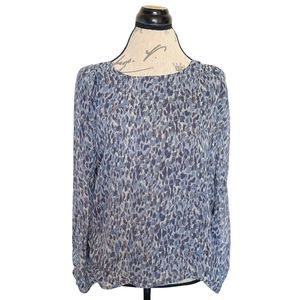 Vici Womens Blouse Print Grey Blue Pleated Sleeve Semi Sheer Lined Size Medium